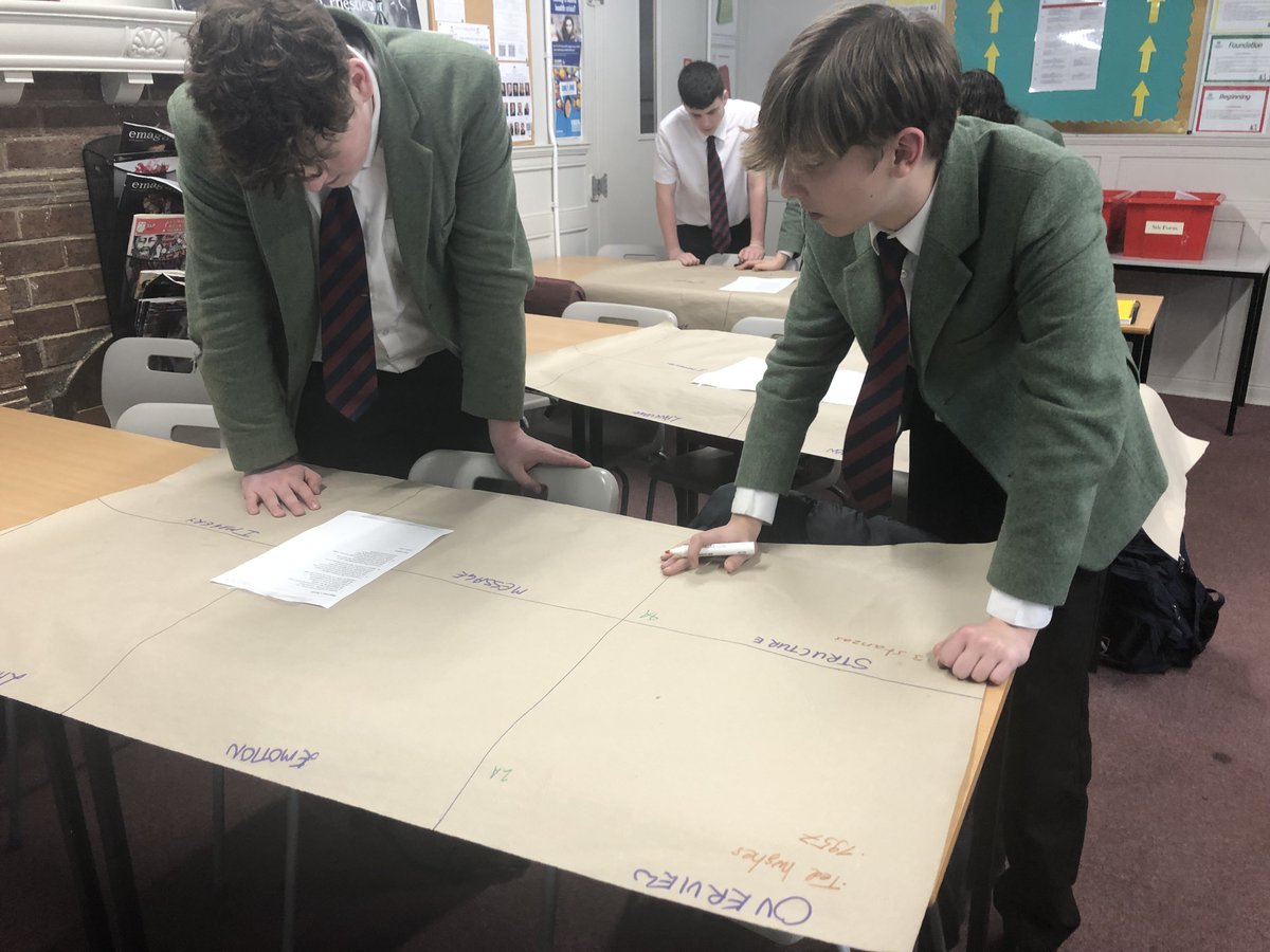 4th Form English revision made fun with some tabletop teamwork! Tables were covered in brown paper and in teams, pupils had to rotate and make as many comments on poetry structure, message, imagery, language & emotions #thisisoswestry #englishgcse #gcserevision #oswestryschool