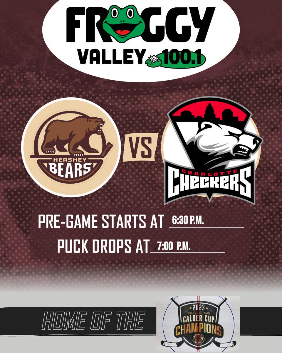 Final 2 Regular Season games for the chocolate and white and both are at The Giant Center! Tonight it is the Bears vs Checkers! Pregame hops off at 6:30 p.m. and puck drops at 7:00 p.m.! 🐸🏒🐻