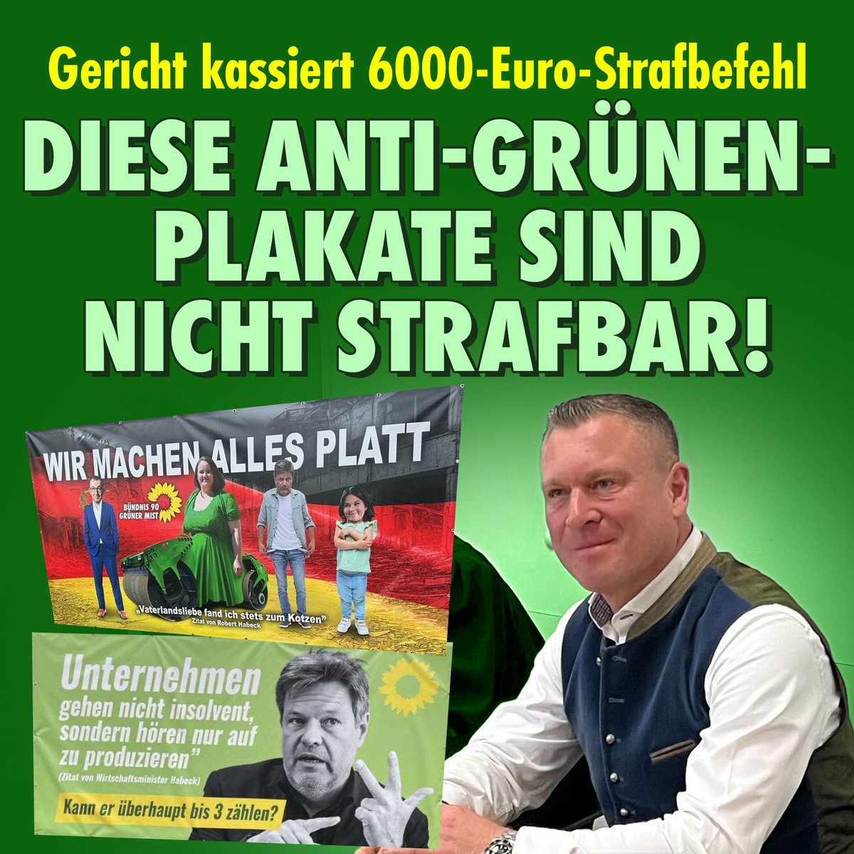 niusde_'s tweet photo. Freispruch vor Gericht! Michael Much sollte 6000 Euro Strafe zahlen, weil er grünenkritische Plakate aufgegangen hat. Jetzt das Urteil: Der Strafbefehl wurde kassiert, die Plakate sind nicht zu beanstanden. Für NIUS vor Ort: @janinisabel 
https://t.co/PPE4CrFCBZ https://t.co/5xphsT9BA9
