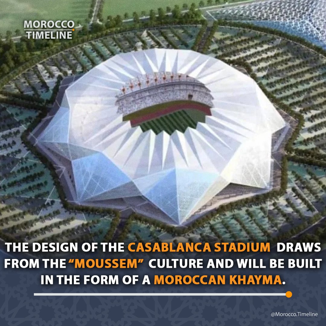 MoroccoTimeline's tweet photo. 🏟️🇲🇦Projected to be the largest #football stadium in the world, Le Grand Stade de #Casablanca will be designed by a consortium led by architects Oualalou + Choi and @Populous, and will be in the shape of a #Moroccan Moussem Khayma. https://t.co/rWR8liUZY0