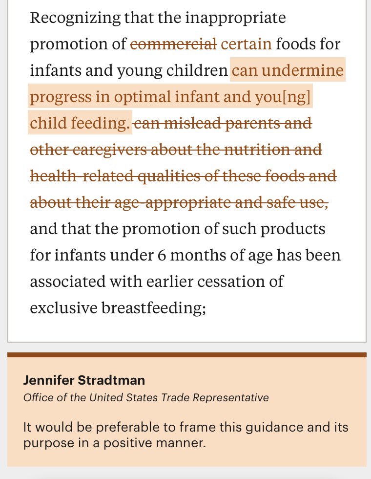 Take a look at this heated editing fight in document @hvogell obtained. It’s between US Trade officials and US health officials over regulations on the marketing of formula globally. Guess who won? Really worth looking at the whole thing projects.propublica.org/toddler-formul…