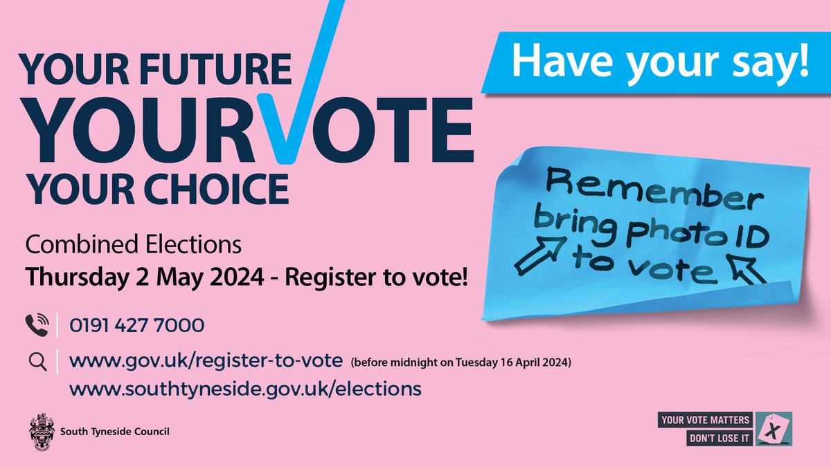 There’s just one week left to apply to register to vote in the elections on 2 May! Register to vote at gov.uk/register-to-vo… or call us on 0191 427 7000.