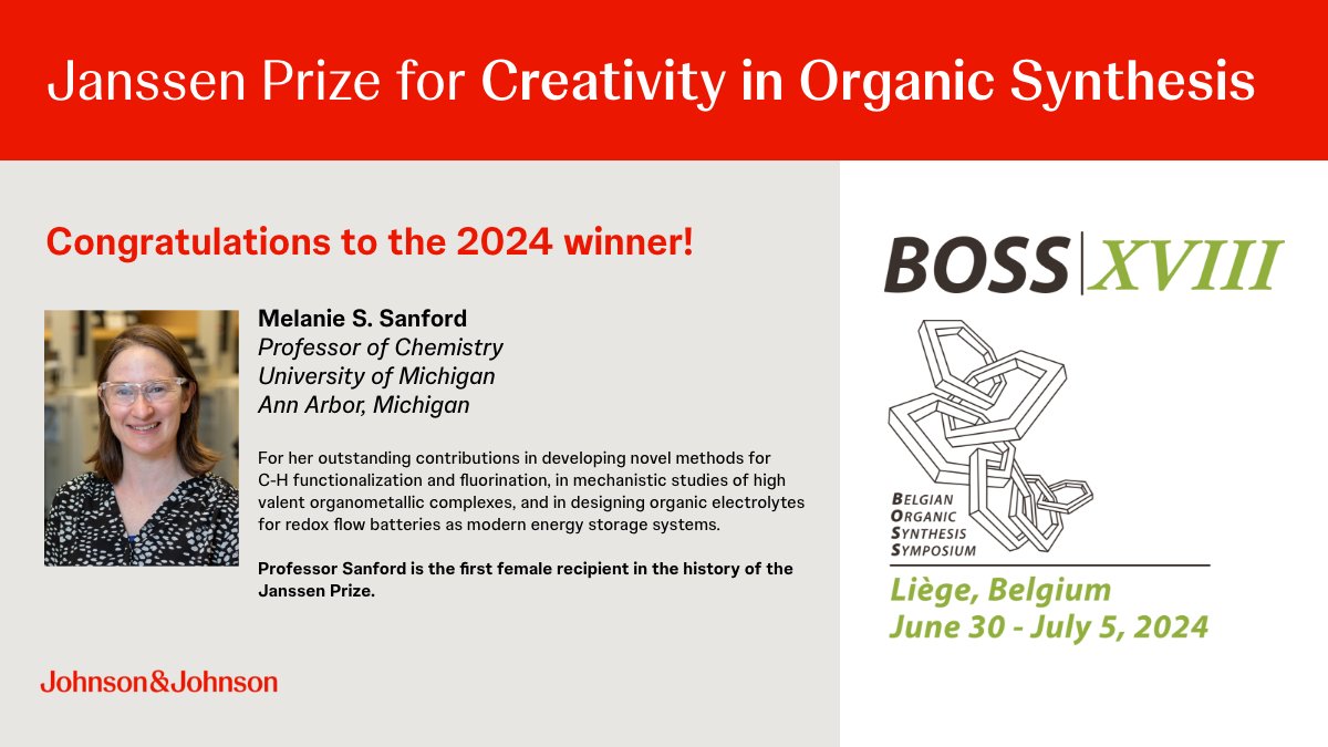 The Janssen Prize for Creativity in Organic Synthesis honors the world’s top chemists in academia. Join us in celebrating our 2024 winner Melanie Sanford, chemistry professor at @UMich for her outstanding contributions to the field. bit.ly/3wUl5Fa #JanssenPrize2024