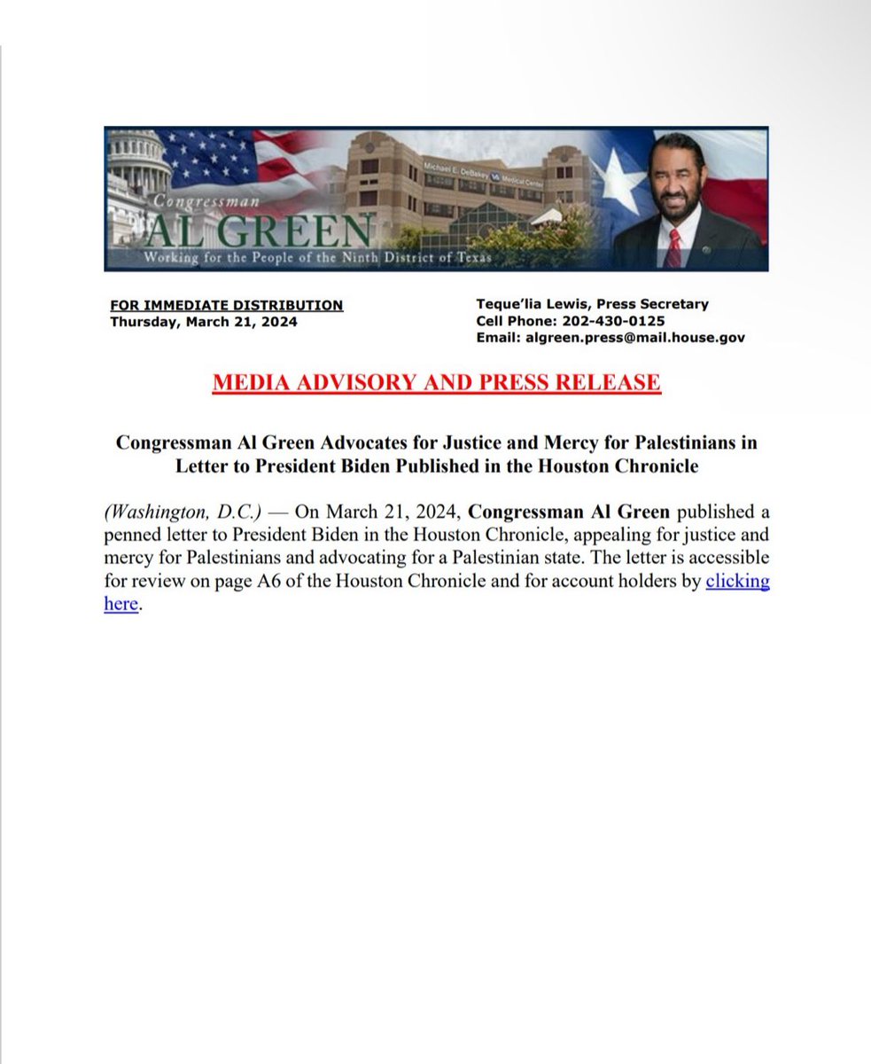 Congressman Al Green Advocates for Justice and Mercy for Palestinians in Letter to President Biden Published in the Houston Chronicle. The letter is accessible on page A6 of the Houston Chronicle and for account holders online digital.olivesoftware.com/olive/odn/hous…