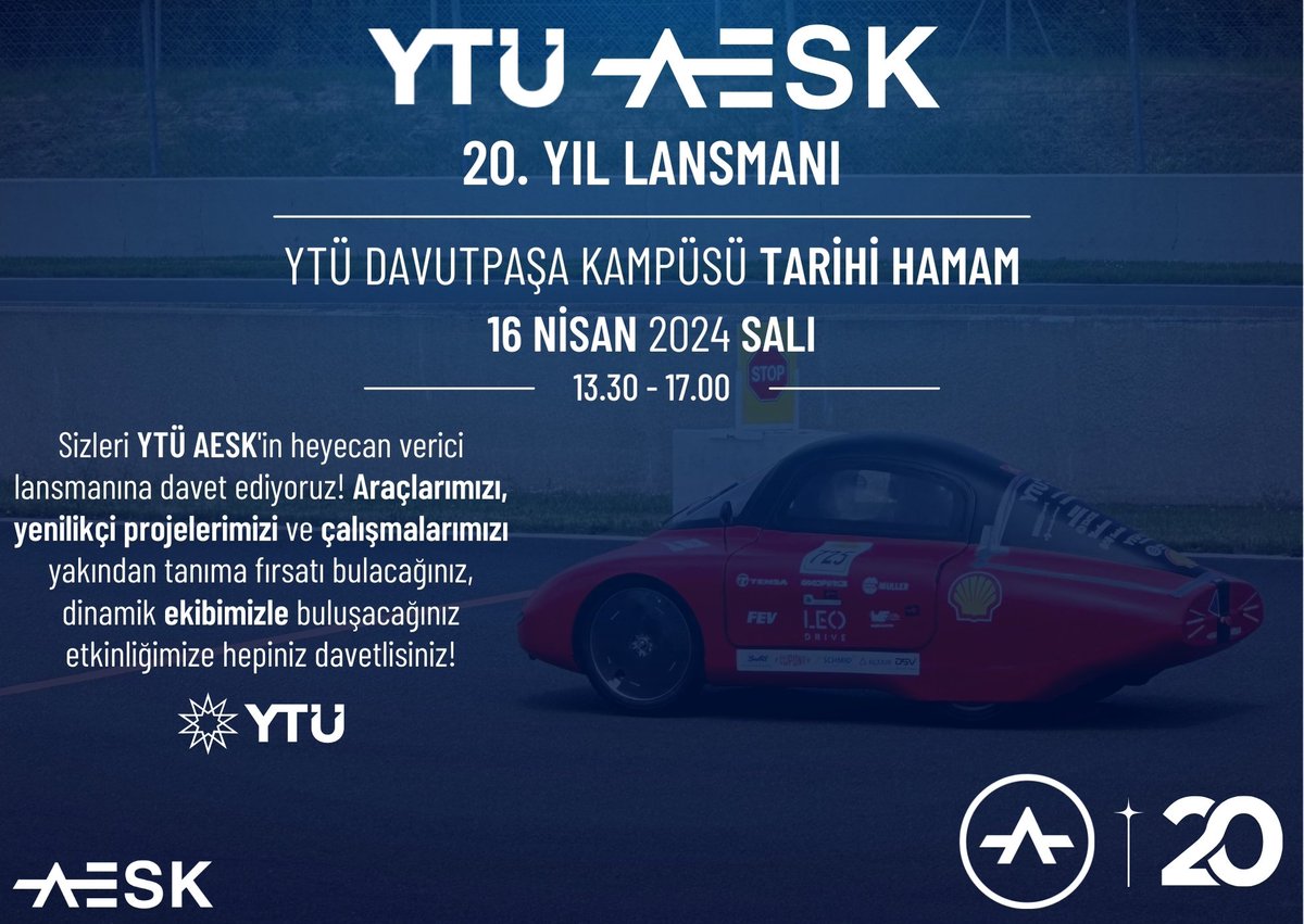 YTÜ AESK olarak sizleri düzenleyeceğimiz 20. Yıl lansman etkinliğimize davet ediyoruz!

Yer: YTÜ Davutpaşa Kampüsü Tarihi Hamam
Tarih: 16 Nisan 2024 Salı
Saat: 13.30 – 17.00