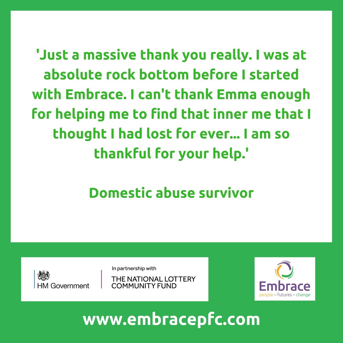 Some recent feedback from work we have done with a survivor of domestic abuse.

We were able to do this work thanks to support from <a href="/TNLComFund/">The National Lottery Community Fund</a>