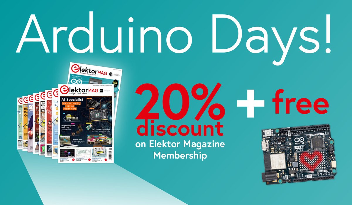 Elektor's tweet image. Celebrate @Arduino Days with us! 🎉 Save 20% on your Elektor magazine membership and get a FREE Arduino Uno R4 WiFi board. Dive into the latest electronics trends and projects. 
Offer valid during Arduino Days only. Join now! elektormagazine.com/arduino-days
#ArduinoDays2024 #Arduino