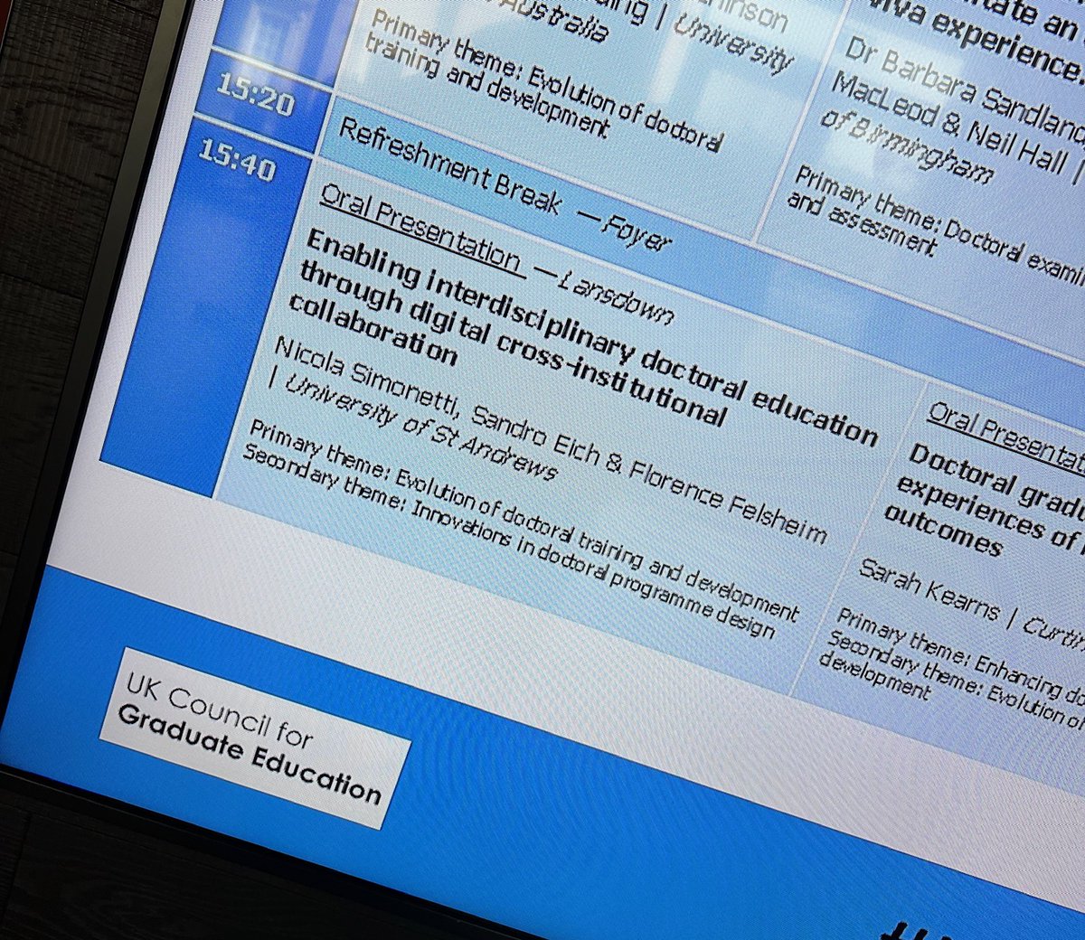 Excited for today's presentation on PhD and digital cross-institutional collaboration at <a href="/ukcge/">UK Council for Graduate Education</a>
6th International Conference on Developments in Doctoral Education and Training in Bath. If you're around, come check us out at 3:40pm! <a href="/StAndGradSchool/">Graduate School for Interdisciplinary Studies</a> 🎓
