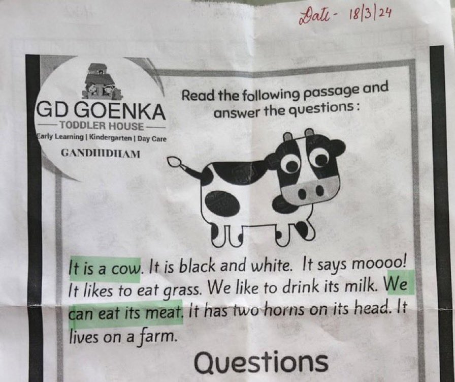 ShefVaidya's tweet photo. Isn’t it ironic that @GDGoenkaWS school in Gandhidham is encouraging toddlers to normalise beef eating, that too in a state that has a huge vegetarian Hindu and Jain population? https://t.co/Yi3ZBSwY1P