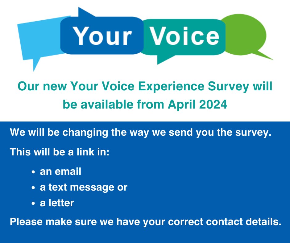 In early April 2024 we will stop using ‘Points of You’ as our experience survey for service users and carers. We are replacing this with ‘Your Voice’. A new experience survey that includes questions that service users, carers and staff have told us were the most important. 1/2