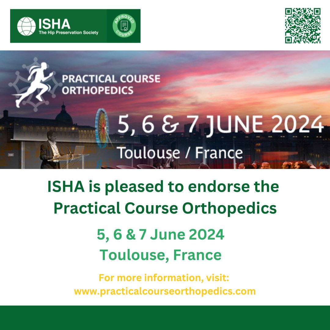 ISHA is delighted to share the details of the Practical Course Orthopedics, taking place on 5, 6 and 7 June 2024 in Toulouse, France. More information about the course and registration can be found here: practicalcourseorthopedics.com #pco2024 @CambridgeHipDoc