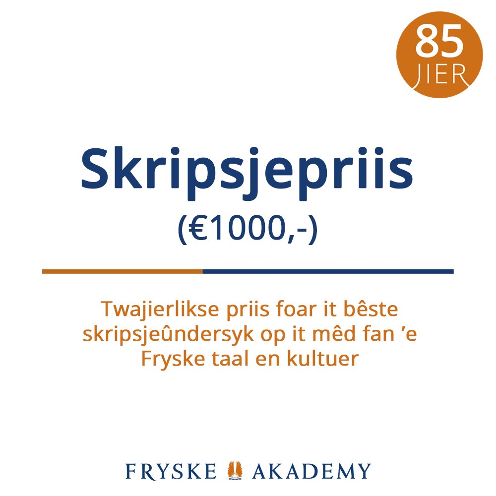 FryskeAkademy's tweet photo. De Fryske Akademy hat in twajierlikse priis foar it bêste skripsjeûndersyk op it mêd fan ’e Fryske taal en kultuer. De priis: €1000,-. Studinten kinne oant 1 juny 2024 harren masterskripsje ynstjoere.
🌐 https://t.co/HJTfNHqa4Z 
#FA85
#highlight #jubileum
#Frysk #master #WO https://t.co/BCXgSbiHT2