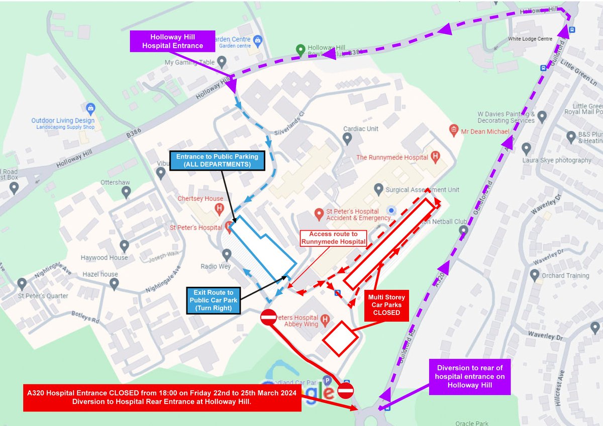 The main access road into St Peter’s Hospital will be closed for roadworks from 6pm Friday to early AM Monday. For more info about the road and car park closures, and the diversions in place, visit ow.ly/lWHU50QYxA9