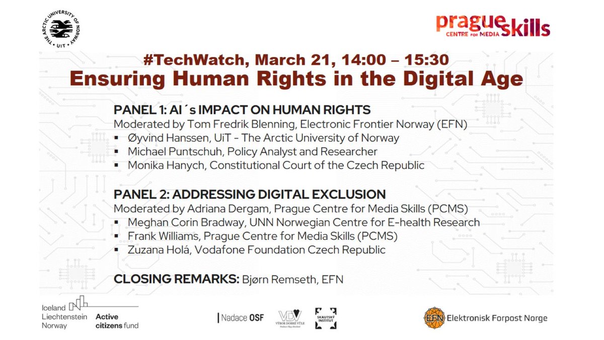 PcmsNews's tweet photo. The expert panel #TechWatch: Ensuring Human Rights in the Digital Age is starting soon. Join us at 14:00 Prague/Oslo time. #withCourage
📲 Zoom: https://t.co/jNWrerRzZx
ℹ️https://t.co/JIhqdLSW3j
Thanks to @UiTNorgesarktis for hosting the event🙏 https://t.co/nKvtg21DgL