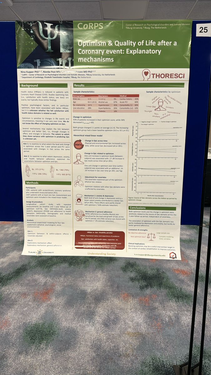 Come see me at my poster #25 later today if you want to know about which explanatory mechanism play a role in the relation between optimism and qol in #heart disease @connectAPS #aps2024uk