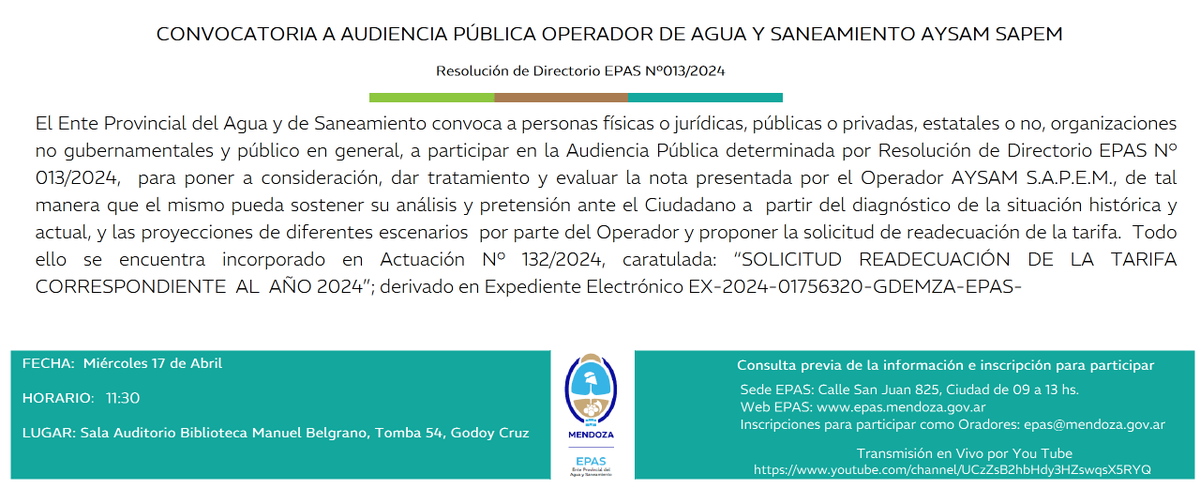 🫧 CONVOCATORIA AUDIENCIA PÚBLICA PARA OPERADOR DE AGUA Y SANEAMIENTO  AYSAM SAPEM
Fecha: Miércoles 17 de Abril    
Hora: 11:30   
Lugar: Sala Auditorio Biblioteca Manuel Belgrano  calle Tomba 54, Godoy Cruz 
Más información: mendoza.gov.ar/epas/audiencia…