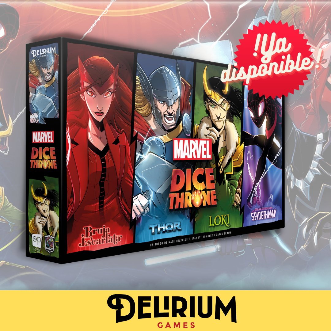 ¡Dice Throne Marvel ya disponible! Hazte con los poderes y habilidades de La Bruja Escarlata, Thor, Spider-Man o Loki en esta caja de batalla de 4 personajes autojugable y combinable con la gama Dice Throne estándar.