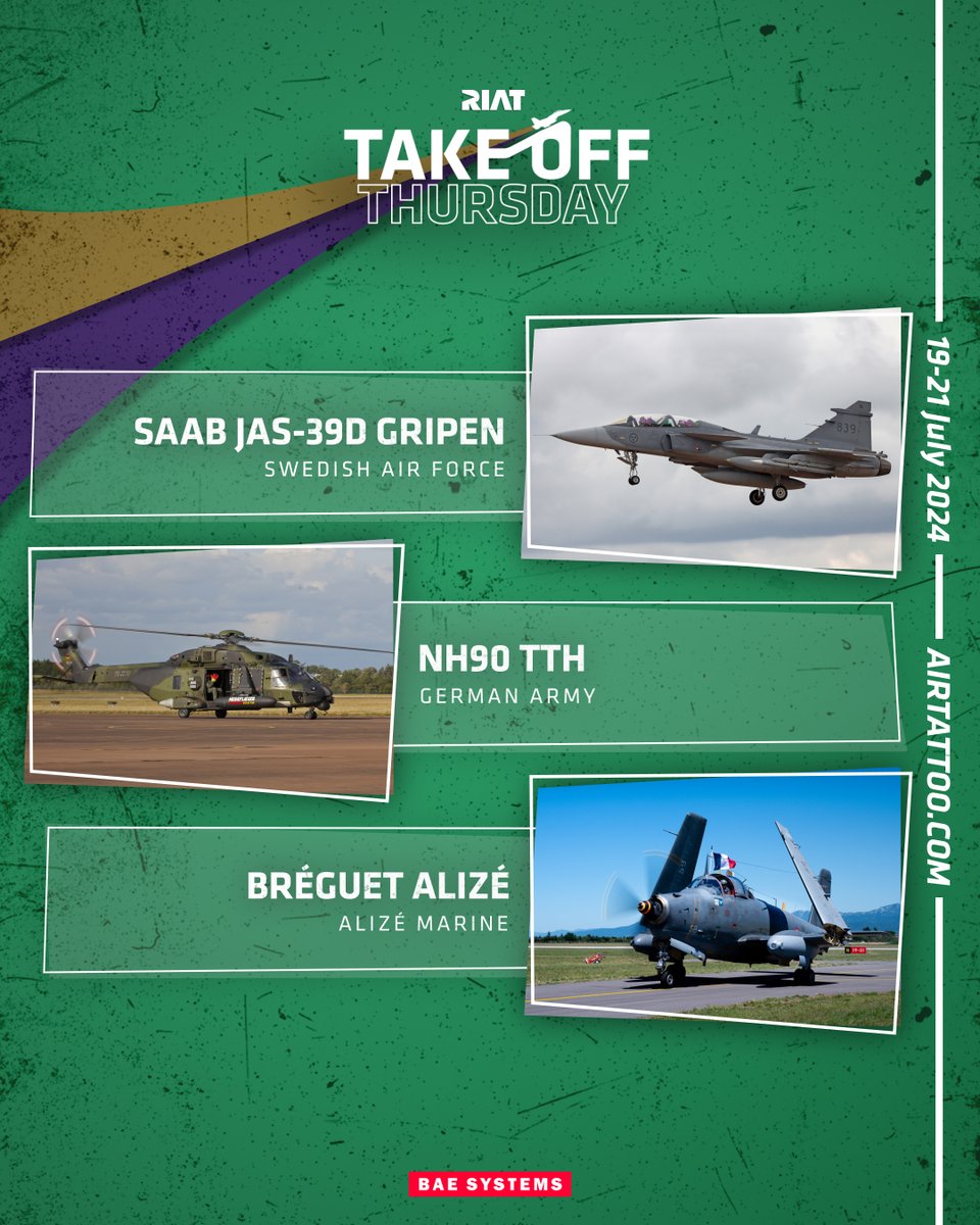 This year we are excited to be celebrating 75 years of NATO and to help us, new inductee Sweden is bringing their SAAB Gripens, while the German Army are providing their NH90 helicopters. View the full update here: bit.ly/aircraft-updat… #RIAT #RIAT2024