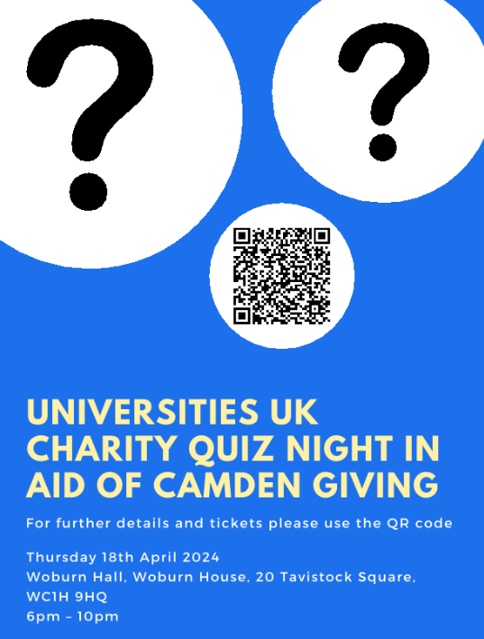 🎉Join us for our first UUK Charity Quiz Night, with @camden_giving! Fantastic prizes, bragging rights and trophies to be won! 🗓️18 April 2024 📍 Woburn House, WC1H 9HQ 🕰️6pm-10pm ✅Find out more details here: loom.ly/fMQxKx4