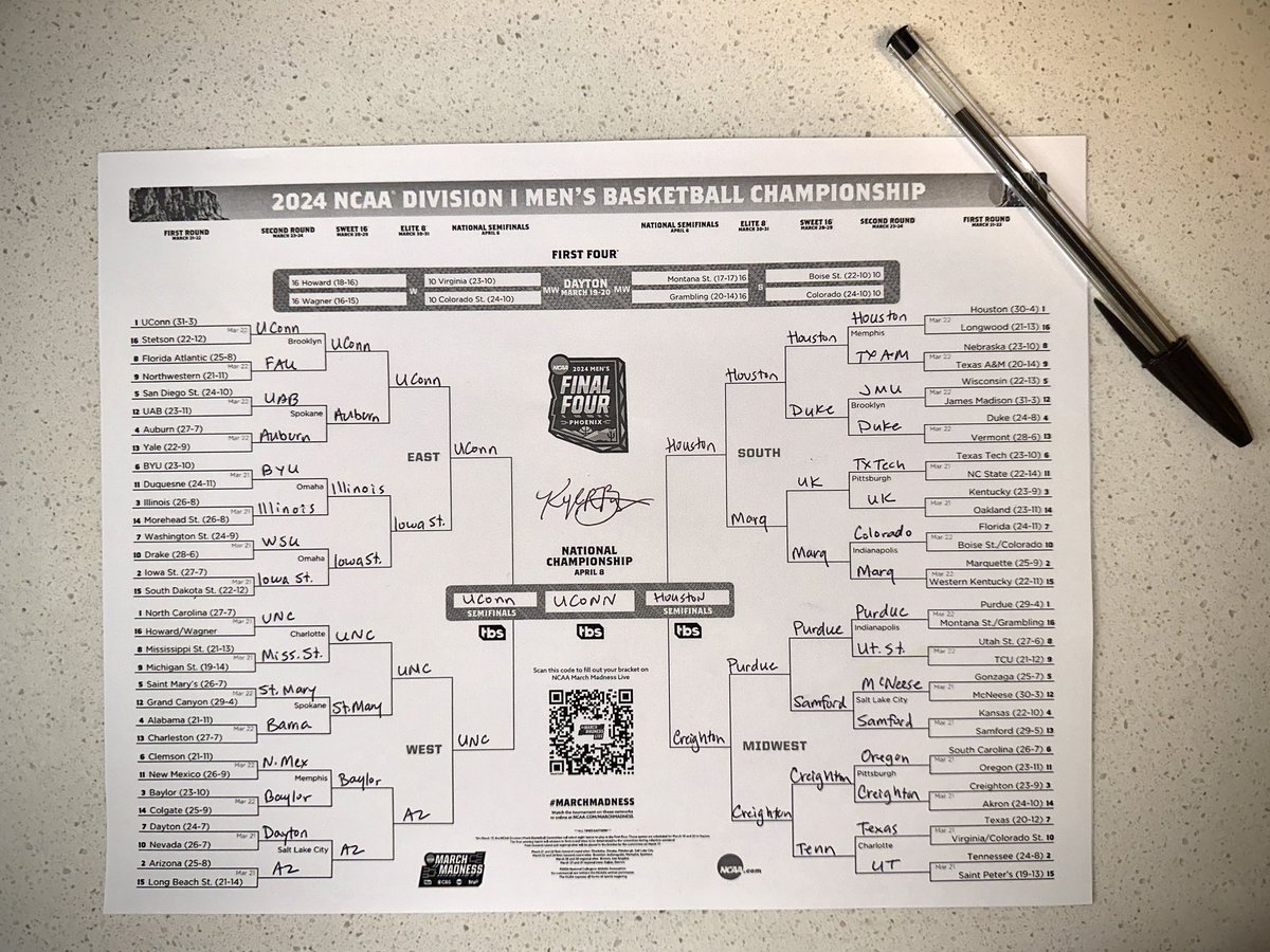 Here’s my bracket. It might be the kiss of death for some teams, but I have 13-seed @SamfordMBB making a mini-run. #MarchMadness