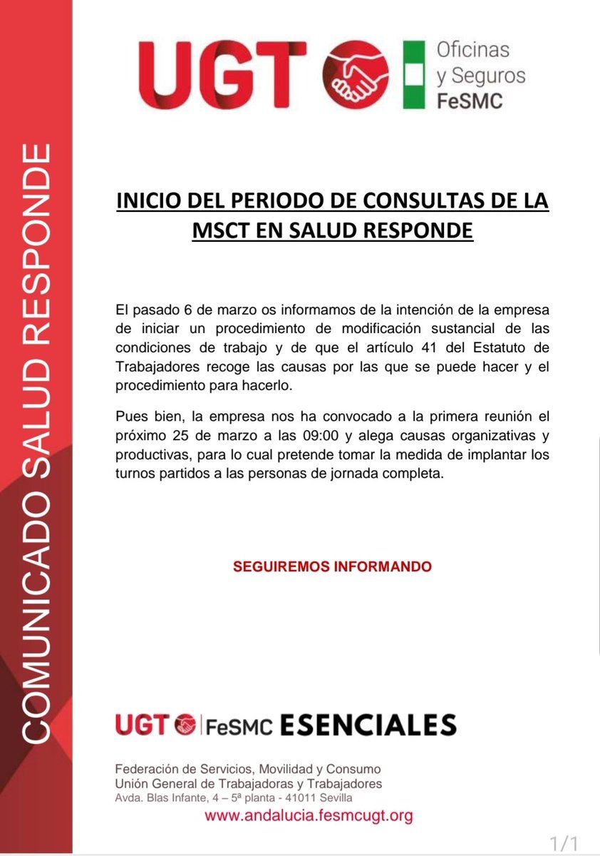 🔴 #FeSMC #UGT #Andalucía 

#SSG, la empresa que gestiona el servicio "buque insignia" de la #ConsejeríaSalud pretende cargarse la conciliación laboral de l@s gestor@s de #SaludResponde, con su beneplácito y mirando hacia otro lado.

A UGT nos tendrán enfrente 🤬