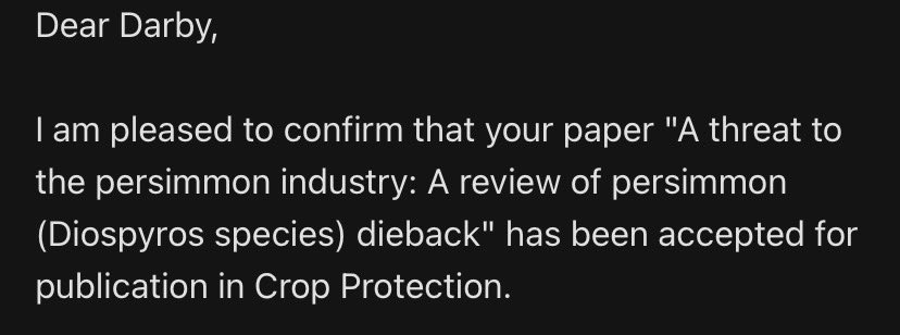 Cheers to many firsts! 

✅First paper for 2024 got accepted for publication
✅First paper for my PhD
✅First paper as corresponding author

This paper showcases my work on #dieback of #persimmon trees. 

#PhDLife📚 #ResearchMilestones #PlantPathology 🌱🧫