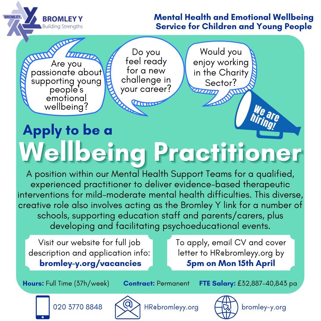 🚨WE ARE HIRING! 🚨

Bromley Y are looking for
4x Education Mental Health Practitioner
2x Wellbeing Practitioner

Full job description and person specification -&gt; bromley-y.org/vacancies.html

#hiring #mhst #charity #JobAlert #therapist #HiringNow #mentalhealth
