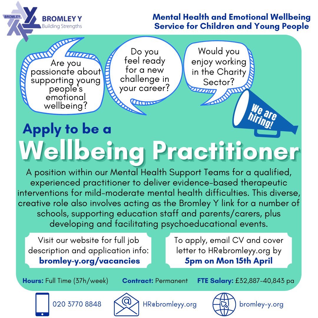 🚨WE ARE HIRING! 🚨 Bromley Y are looking for 4x Education Mental Health Practitioner 2x Wellbeing Practitioner Full job description and person specification -> bromley-y.org/vacancies.html #hiring #mhst #charity #JobAlert #therapist #HiringNow #mentalhealth