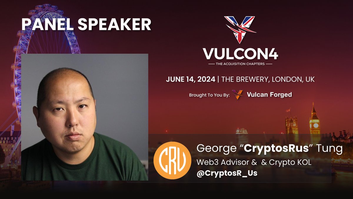 Adding more star power to the #VulCon4 lineup in London 🎡 

<a href="/CryptosR_Us/">CryptosRus</a>, a renowned Web3 expert w/ over 1M combined followers, will grace us as a speaker.

CryptosRUs aka George was a judge at The Next Crypto Gem and mentored us to victory🔥

Join him: vulcanforged.com/Vulcon4