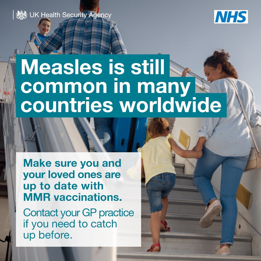 Measles can have serious and sometimes fatal consequences and is still common in many countries worldwide. Before you travel, make sure you & your loved ones are up to date with #MMR vaccinations. ✈️ #Measles #Vaccinations #PublicHealth Find out more: nhs.uk/MMR