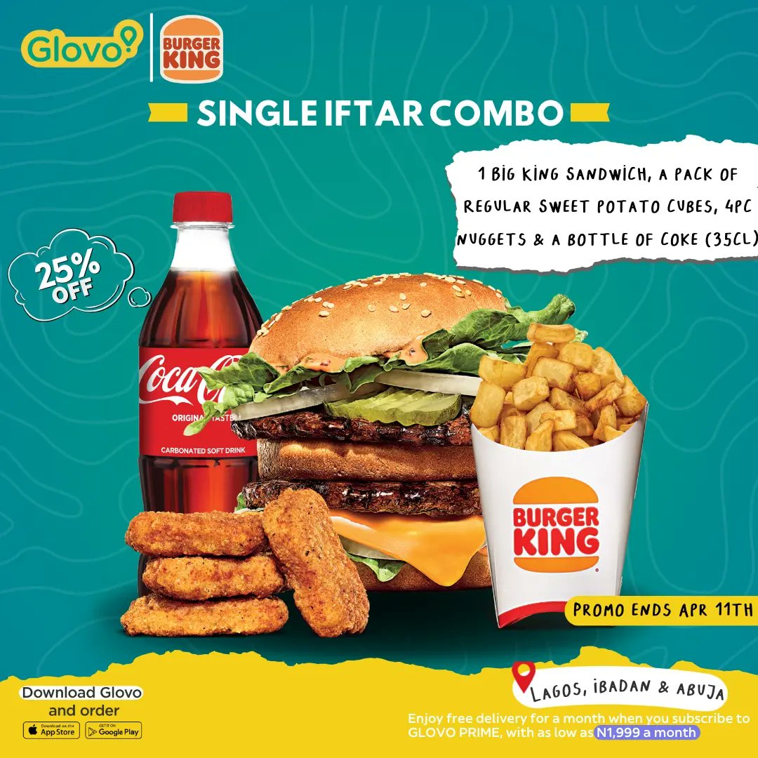 Break your fast with a royal treat! 😋🌙🍔 Enjoy Burger King's Iftar single & family combo with a whooping 25% off exclusively on Glovo! Download the Glovo app and place an order while the offer still stands! 🤳🏽🚴