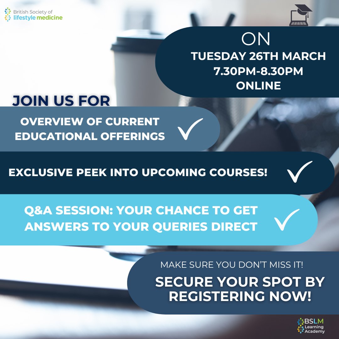 Are you a member with us and have been considering our Lifestyle Medicine Core Accreditation? 💭🎓 Come along to our exclusive webinar on Tuesday the 26th of March at 7pm - we'll have a Q&A for you to ask queries at! 💻 Register for the Webinar here🔗⤵️ bslm.org.uk/events/your-bs…