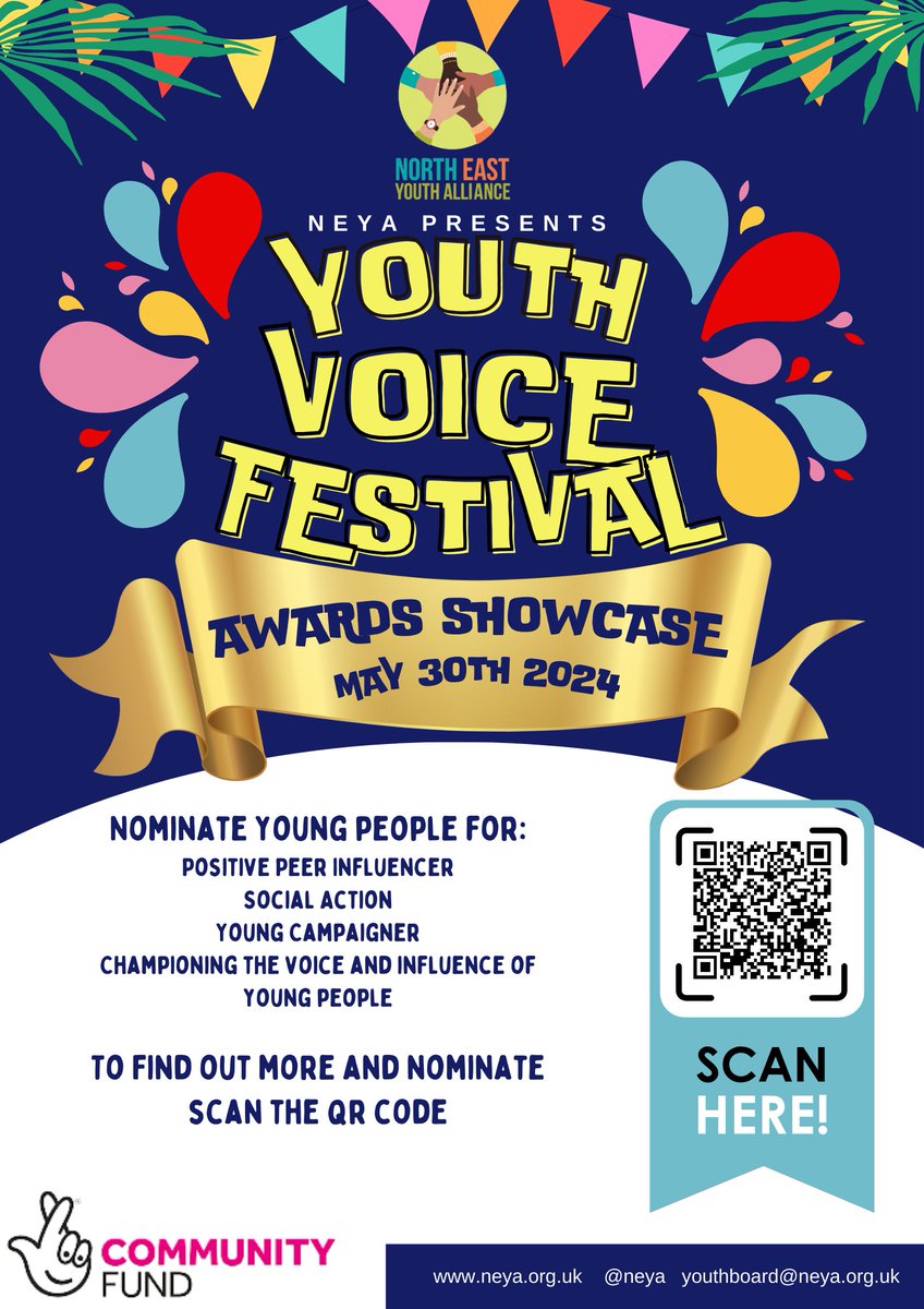 Announcing  the NEYA Youth Voice Festival The @NEY_Alliance are hosting a Youth Voice Festival to celebrate the amazing youth voice activities that young people are leading across the North East region. To nominate scan the QR code or click this link docs.google.com/forms/d/e/1FAI…