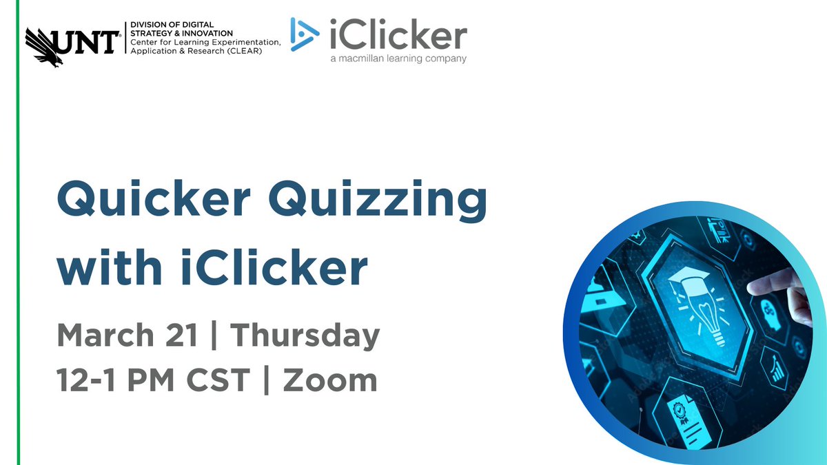clearUNT's tweet photo. iClicker is a student response system that helps expedites grading and helps to maintain equity of voice in large enrollment courses. Join our virtual session TODAY at noon to learn about integrating this technology! Register at https://t.co/HJtc1zRmWW https://t.co/fqMDYSY6r8