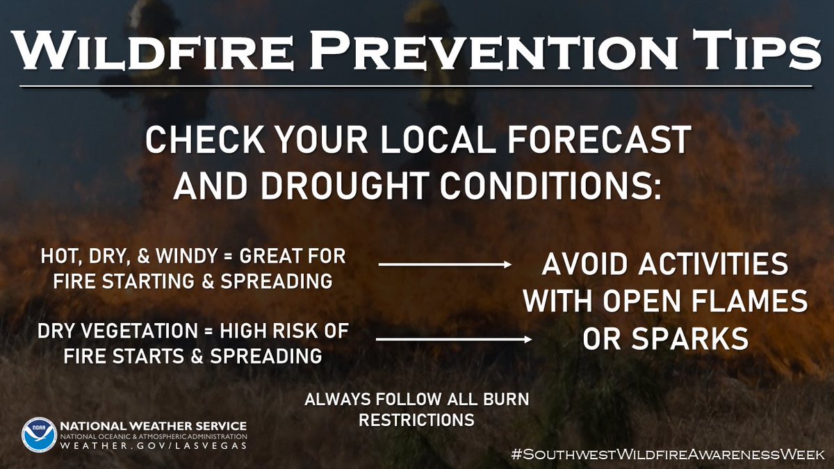 Wildfire Prevention Tips 🔥🔥🔥 Check your local forecast & drought conditions prior to engaging in recreation with flames! 🥵 Hot, dry, & windy conditions = recipe for wildfire starts & spread. This is heightened by dry vegetation. #SouthwestWildfirePreventionWeek