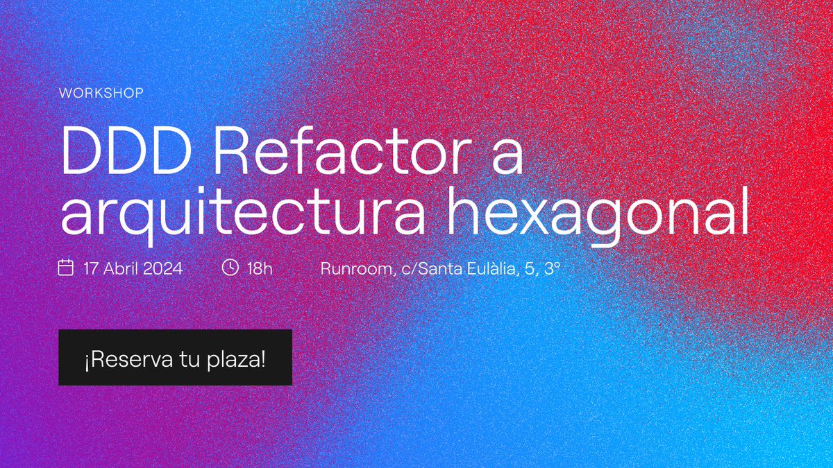 ¡Aprende Domain-Driven Design en el workshop sobre Refactor de Arquitectura Hexagonal! 🚀En colaboración con <a href="/alchemist_devel/">Fernando Aparicio</a>  y Software Crafters Barcelona ¡Te esperamos en Runroom! 🛠️  
info.runroom.com/workshop-ddd-r…  
#ArquitecturaHexagonal #DDD #DesarrolloDeSoftware