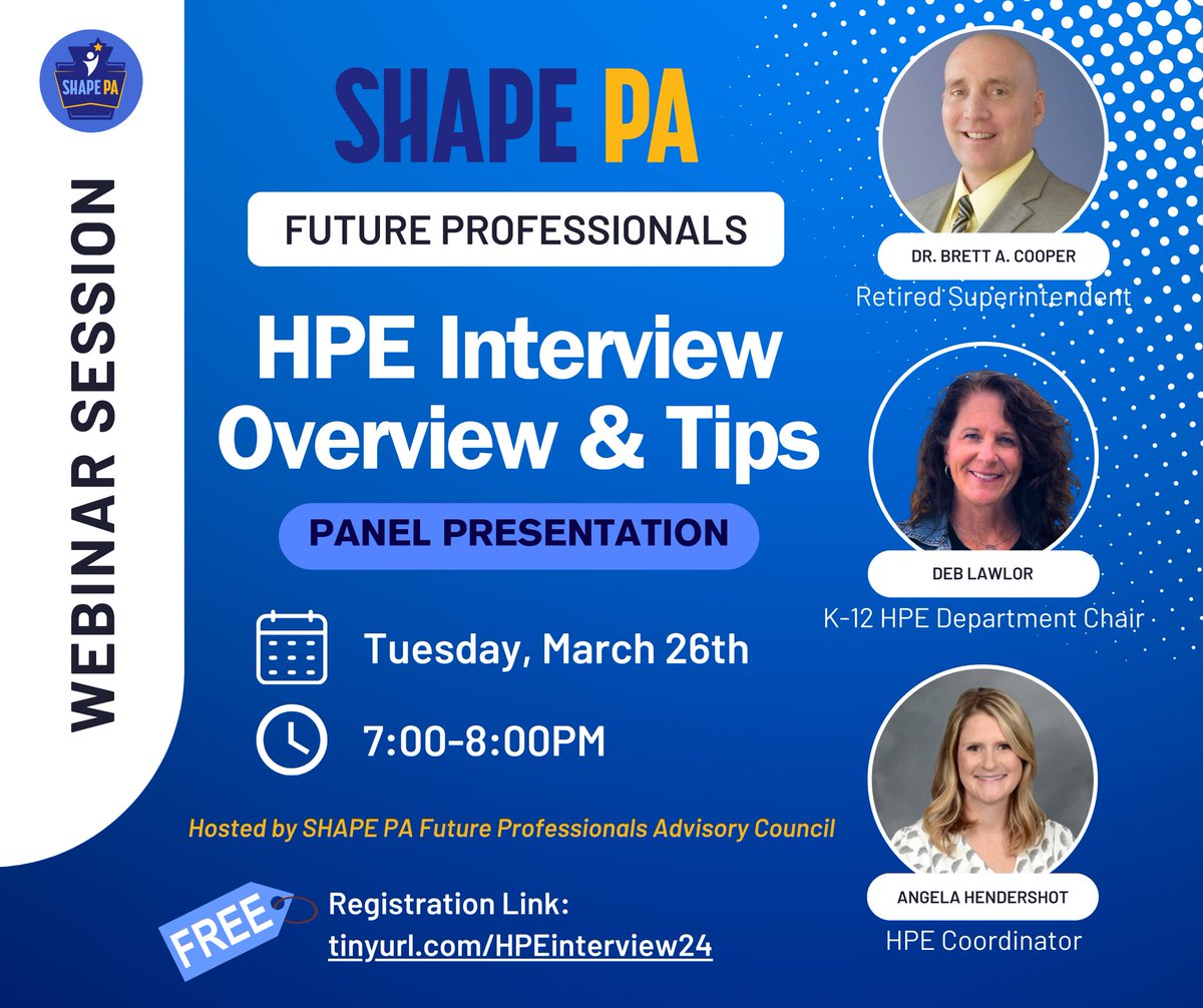 🎓 Future Professionals PD 👔

Looking to ace your interview? Don't miss out on our "HPE Interview Overview &amp; Tips" session w/ Dr. Brett A. Cooper, Deb Lawlor &amp; Angela Hendershot! Gain valuable insights and guidance for the interview process.

Sign up now: tinyurl.com/HPEinterview24
