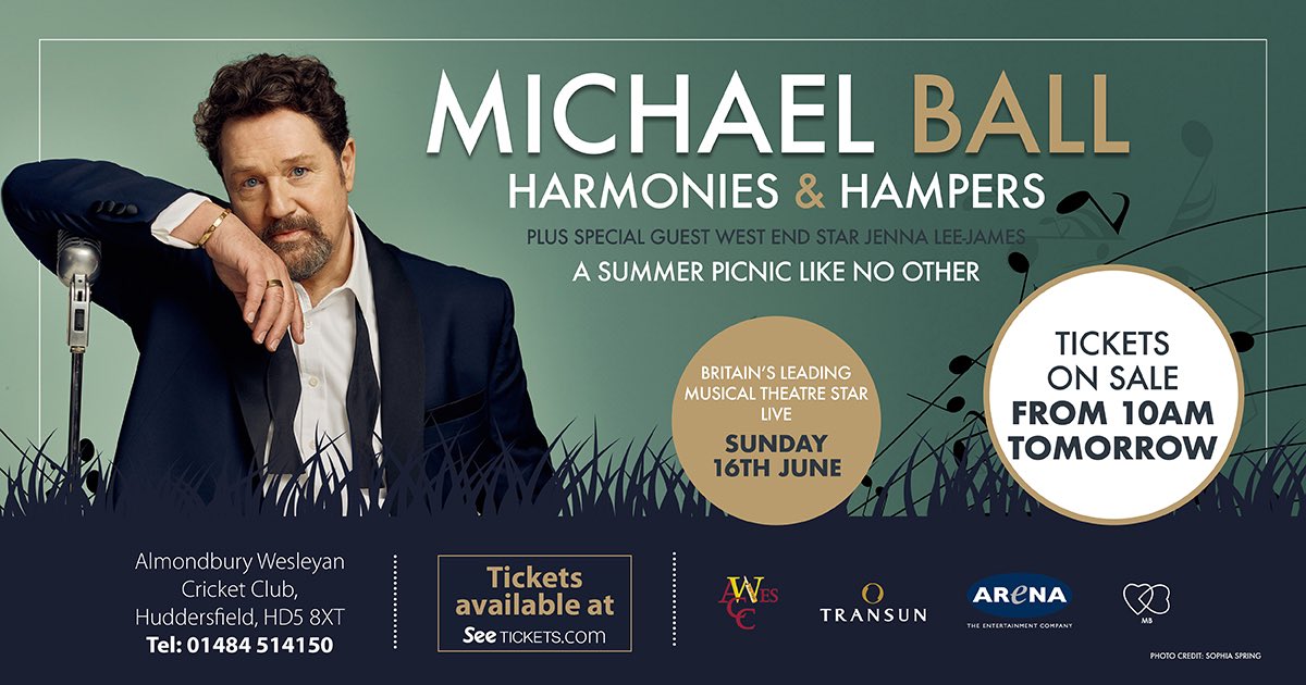 Michael Ball OBE💙 (@mrmichaelball) on Twitter photo I’m delighted to announce I’ll be performing at Almondbury Wesleyan Cricket Club in Huddersfield on Sunday 16th June! ☀️
Tickets are on sale at 10am tomorrow from the link in my bio. Hope to see you there. Mx I’m delighted to announce I’ll be performing at Almondbury Wesleyan Cricket Club in Huddersfield on Sunday 16th June! ☀️
Tickets are on sale at 10am tomorrow from the link in my bio. Hope to see you there. Mx