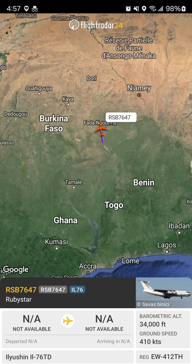 Borrowed7Time's tweet photo. Rubystar Il-76TD EW-412TH #60005F as RSB7657 continues its trips from (likely) Lomé to an unknown destination & back. It's back to doing it solo since its sister EW-567TH returned to Minsk yesterday.
@Dinlas3 @Nomade_Sahelien @WAAT_Band https://t.co/H2JJP23VYd