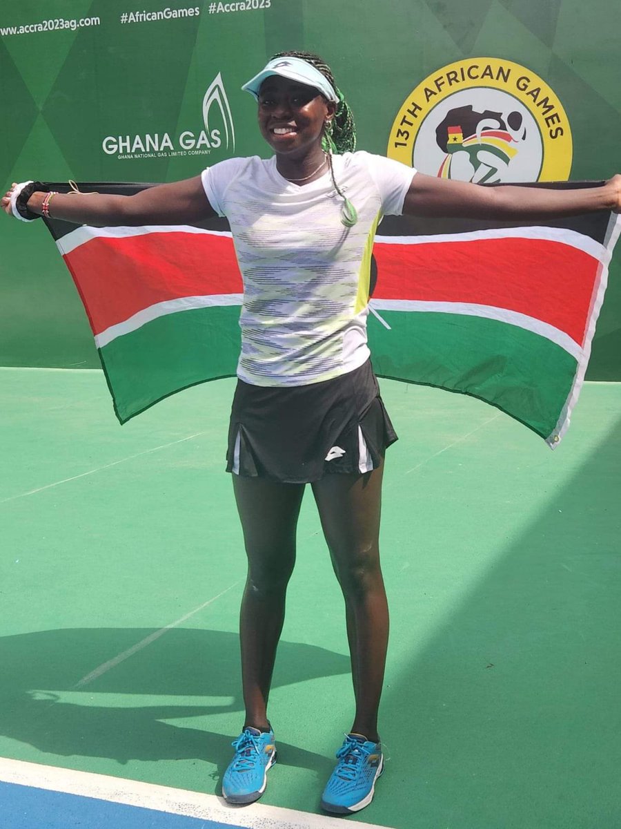 Congratulations to TENNIS Star Angela Okutoyi for winning the African Games tennis singles, she won gold 6-4 6-2. Kenya 🇰🇪 has now 5 gold medals (4 from athletics). Kazi safi Angie! @tenniskenya