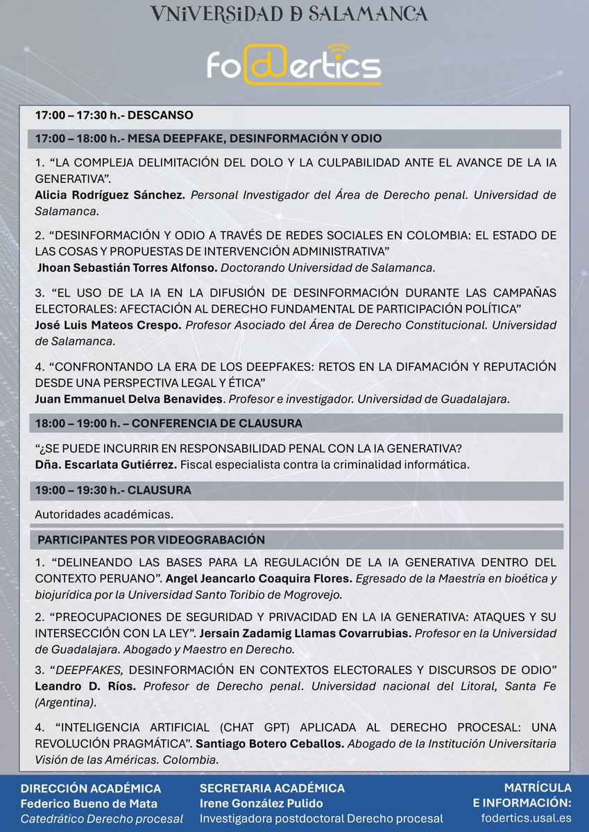 FODERTICS (@foderticsusal) on Twitter photo Ya tenemos el programa de FODERTICS XIII, este año con la temática de "IA generativa"⚖️🤖 ¡No os lo perdáis! Os esperamos en la Facultad de Derecho de la Universidad de Salamanca los días 4 y 5 de abril <a href="/febuma/">Federico Bueno de Mata</a> <a href="/FacDerechoUsal/">Facultad de Derecho</a> <a href="/usal/">Universidad de Salamanca</a> <a href="/irenearenal/">Irene GzP</a> #Fodertics13 #IAgenerativa Ya tenemos el programa de FODERTICS XIII, este año con la temática de "IA generativa"⚖️🤖 ¡No os lo perdáis! Os esperamos en la Facultad de Derecho de la Universidad de Salamanca los días 4 y 5 de abril <a href="/febuma/">Federico Bueno de Mata</a> <a href="/FacDerechoUsal/">Facultad de Derecho</a> <a href="/usal/">Universidad de Salamanca</a> <a href="/irenearenal/">Irene GzP</a> #Fodertics13 #IAgenerativa