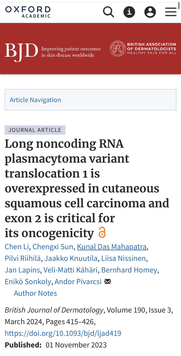 With the advent of RNA-based medicine, PVT1 may be a promising molecular target for the management of inoperable or metastatic cutaneous squamous cell carcinoma (cSCC). Increased expression of PVT1 may serve as a biomarker for cSCCs. doi.org/10.1093/bjd/lj…