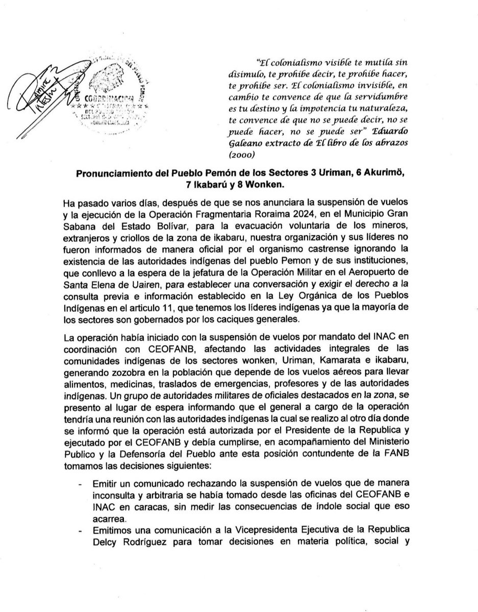 FrenteIndigena's tweet photo. Consejo de Caciques Generales y Comunitarios Del Pueblo Pemon se pronuncia ante la suspensión de Vuelos aéreos a las comunidades de dificil acceso en la gran sabana y denuncia violacion de derechos humanos fundamentales por parte de @CEOFANBVE @dhernandezlarez https://t.co/LgDc1sKFq5