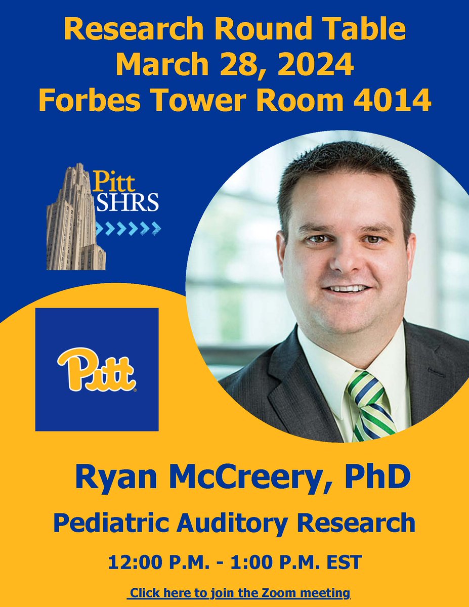 Please join us for our next #PittCSD Research Roundtable on Thursday, March 28th at 12PM in Forbes Tower 4014 with guest speaker Ryan McCreery, PhD - "Pediatric Auditory Research".
#PittSHRS