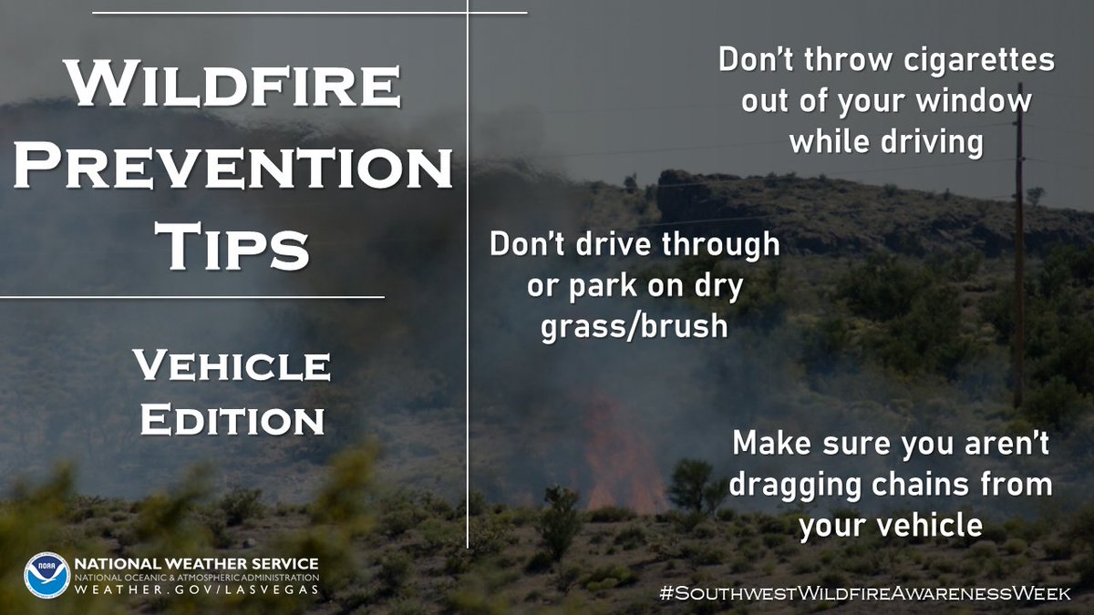 Wildfire Prevention Tips 🔥🔥🔥 Do not: 🚗throw cigarettes out of your car window. 🌾drive through or park on dry vegetation. ⛓️drag chains from your vehicle. These actions can result in sparks, which could become a wildfire QUICKLY. #SouthwestWildfirePreventionWeek