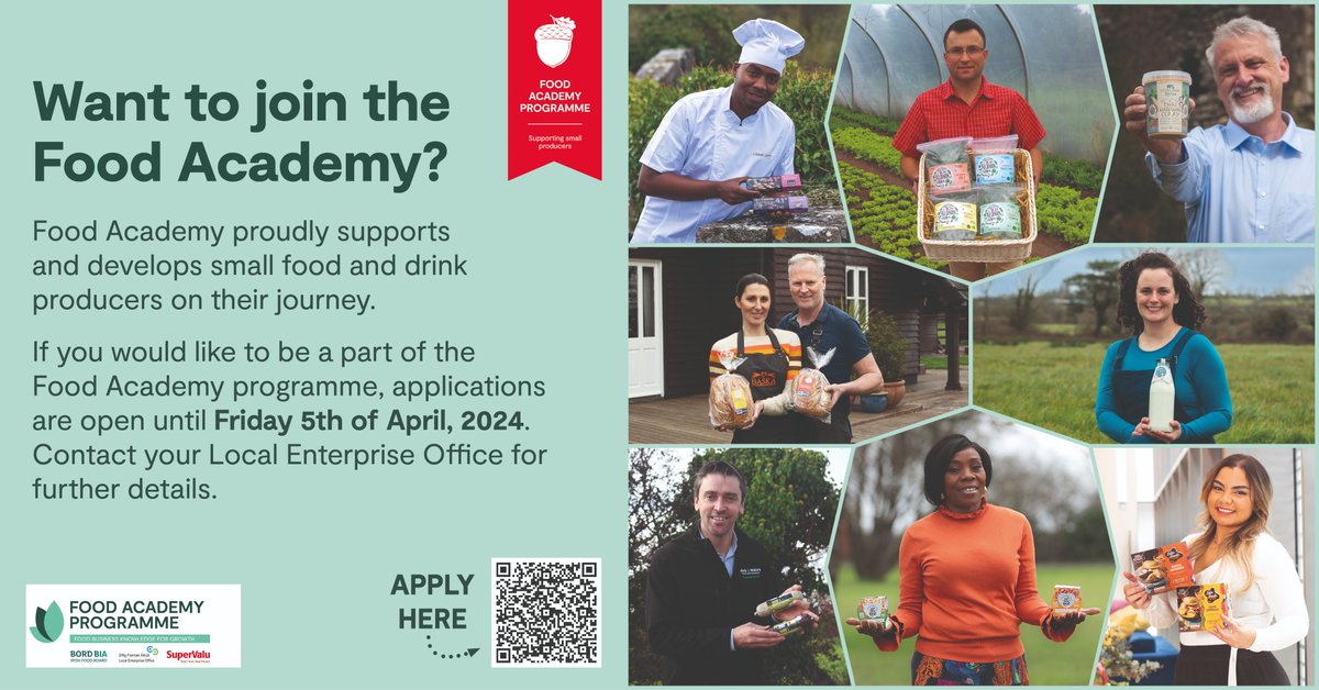 Don't forget! The Food Academy is open for business & you could soon see your product on shelves across the country! Have a great food or drinks product & you want to get it off the ground? Apply here before April 5th 2024 localenterprise.ie/Portal/FoodSup…