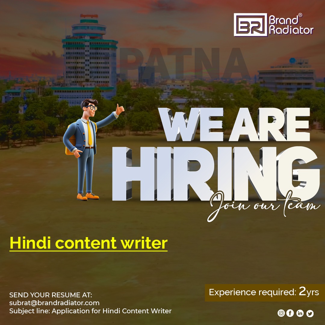 Content Writer- Hindi Apply Now! send your resume to subrat@brandradiator.com with subject line 'Application for Hindi Content Writer' #hiring #contentwriter #copywriting #jobopening #independentworker #timemanagement #applynow #resumesubmission #brandradiator