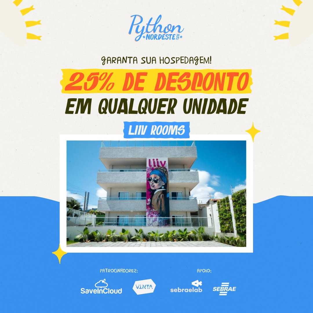 PythonNordeste's tweet image. Está procurando hospedagem para o evento?
Participantes do evento, têm 25% de desconto em hospedagem nas unidades da Liiv Rooms!
Basta usar o cupom de desconto "PYNE2024", válido para hospedagens entre os dias 04/08/2024 à 17/08/2024.
#PythonNordeste #PyNE2024