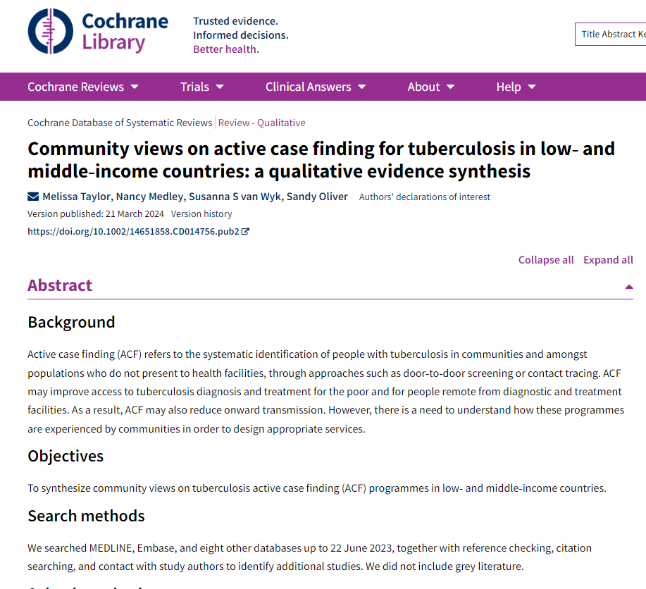 ⭐️Published today on @CochraneLibrary, new #QualitativeEvidenceSynthesis from @Cochrane_IDG on Active Case Finding in people with #TB tinyurl.com/bdfwr3hw⭐️