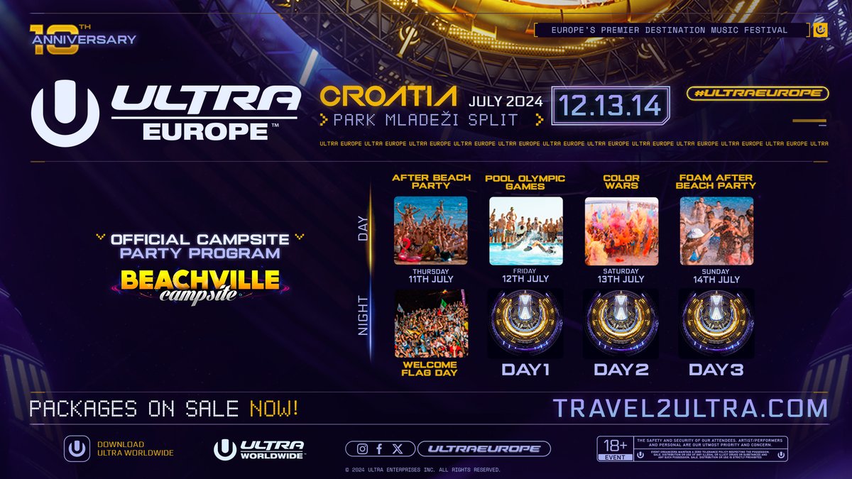 Official Ultra Europe's campsite BEACHVILLE party program is here! Days at the beach filled with fun are the perfect warm-up for three unforgettable Ultra Europe nights. Are U ready to party all day, all night? travel2ultra.com/beachville